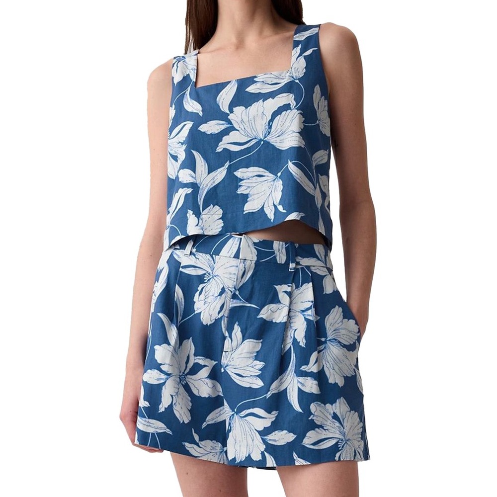 GAP Blue and White Floral Linen Blend Tank Top Sz S